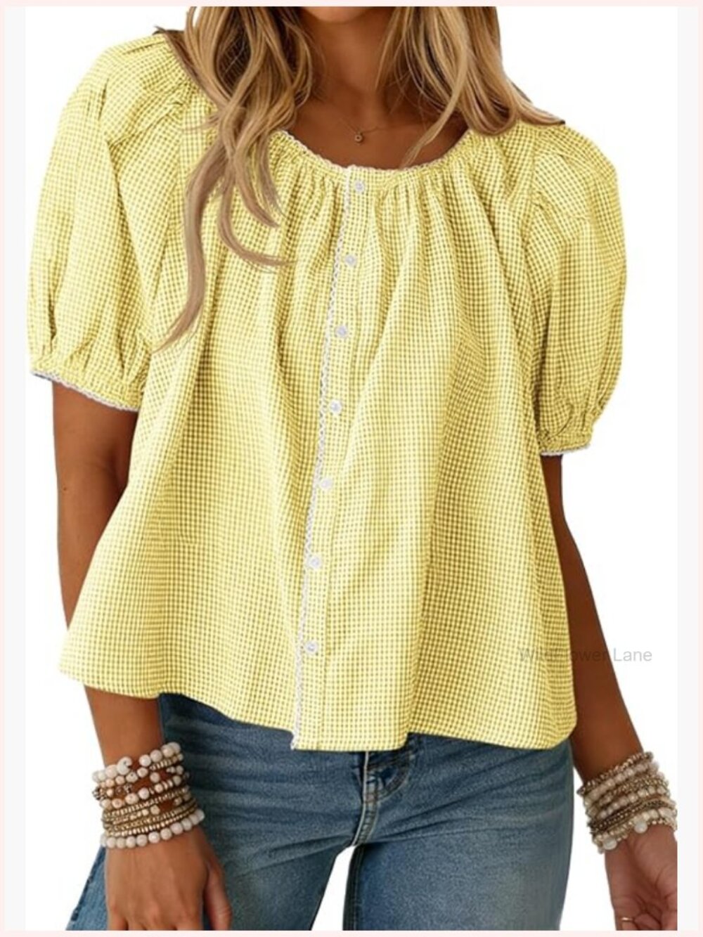 Women Puff Sleeve Gingham Blouse Summer Plaid Crew Neck Cute Tops Trendy Casual - Picture 1 of 7